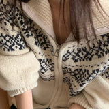 Ribbed Knit Fair Isle Zip Cardigan