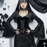 Long Sleeve Ruffle Mini Vintage V Neck Velvet Stretchy Bodycon Cocktail Victorian Dress