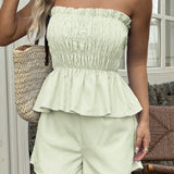 Casual Minimalist stripe Tube Ruffle Shorts Two Piece Set
