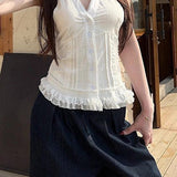 White Lace Trim V Neck Halter Waist Tie Tank Top