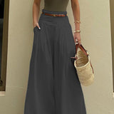 Solid Ruched High-Waisted Wide-Leg Pants