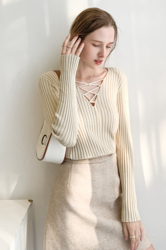 Slim Fit Lace Up V Neck Sweater