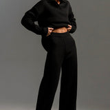 Polo Collar Knit Pullover Wide-Leg Pants Two Piece Set