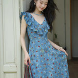 V-Neck Ruffled Midi Floral Dress
