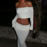 Sexy Off-Shoulder Cropped Top High-Waisted Solid Skirt Two Piece Set