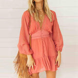 V Neck Women's Spring Summer Dress Lace Long Sleeve Mini Party Dress