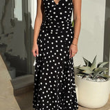 Polka Dot Backless Tie Bodycon Maxi Dress
