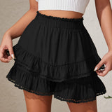 Ruched Tiered Ruffle Hem Elastic Waist Skort