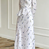Eileen Floral Wrap Lace-Up Blouse & Maxi Skirt Set