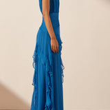 Eileen Pleated Round Neck Ruffle Maxi Dress