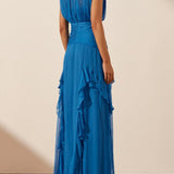 Eileen Pleated Round Neck Ruffle Maxi Dress