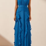 Eileen Pleated Round Neck Ruffle Maxi Dress