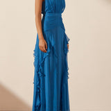 Eileen Pleated Round Neck Ruffle Maxi Dress
