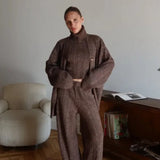 Elegant V-Neck Cable Knit Top Tank Pants Three Piece Set