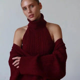 Elegant V-Neck Cable Knit Top Tank Pants Three Piece Set