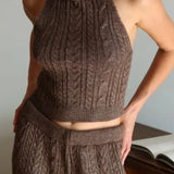 Elegant V-Neck Cable Knit Top Tank Pants Three Piece Set
