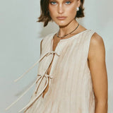 Solid Ruffled Tie Linen Cotton Shirt Tank Top