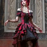 Japanese Gothic Style Red Black Halloween Off-Shoulder Court Wave Autumn Dark High-Waist Lolita Party Dress