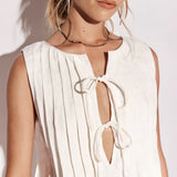 Solid Ruffled Tie Linen Cotton Shirt Tank Top