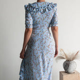 Floral Light Blue Ruffled Split Midi Skirt Two Piece Set