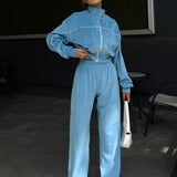 Athletic Velvet Collar Zipper Long Sleeve Two Piece Set