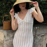 French Ruffle V Neck Knit Pastoral Maxi Dress