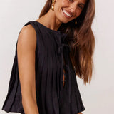 Solid Ruffled Tie Linen Cotton Shirt Tank Top