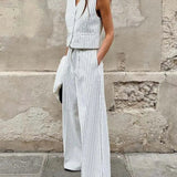 White Print V-Neck Sleeveless Trousers Office Two Piece Set