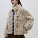 Button Design Faux Fur Stand Collar Light Khaki Top