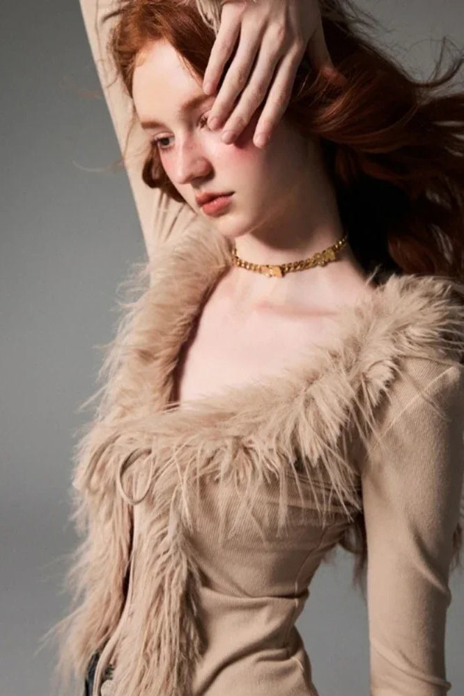 Lace-Up V Neck Plush Cardigan