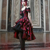 Japanese Gothic Style Red Black Halloween Off-Shoulder Court Wave Autumn Dark High-Waist Lolita Party Dress