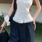 White Lace Trim V Neck Halter Waist Tie Tank Top