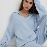 Polo Collar Knit Pullover Wide-Leg Pants Two Piece Set