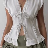 Lace Paneled Ruched Puff Sleeve Tie Blouse