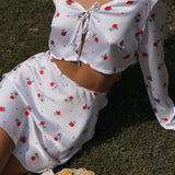 Printed Satin Long Sleeve Cardigan Skirt Two Piece Set