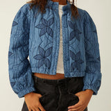 Long Sleeve Button Blue Embroidered Cropped Jacket