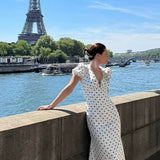 French Style Polka Dot V-Neck Bodycon Maxi Dress