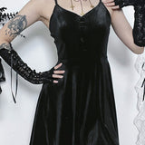 Velvet A-Hem Spaghetti Strap Punk V Neck Sleeveless Draped Bodycon Goth Vintage Mini Cami Dress