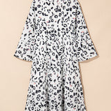 White Leopard Print Notch V Neck Loose Fit Maxi Dress