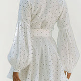 Polka Dot Lantern Sleeve Tie Mini Dress