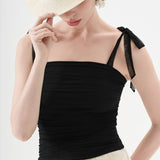 Polka Dot Halter Cropped Ruched Tie Front Tank Top