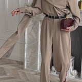 Vintage Chic Lapel Scarf Top & Wide Leg Pants Two Piece Set