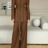 Brown Print V-Neck Lace-Up Pants Office Two Piece Set