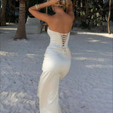Satin Kink Detail Slit Maxi Dress