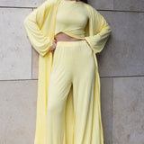 Solid Knit Flowly Long Sleeve Robe Three Piece Set