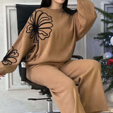 Casual Round Neck Knit Sweater with Pants Two Piece Set