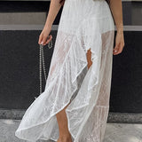 Lace Sheer Split Ruffle Asymmetrical Skirt