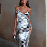Satin Polka Dot Backless Bodycon Maxi Dress