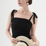 Polka Dot Halter Cropped Ruched Tie Front Tank Top