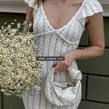 French Ruffle V Neck Knit Pastoral Maxi Dress
